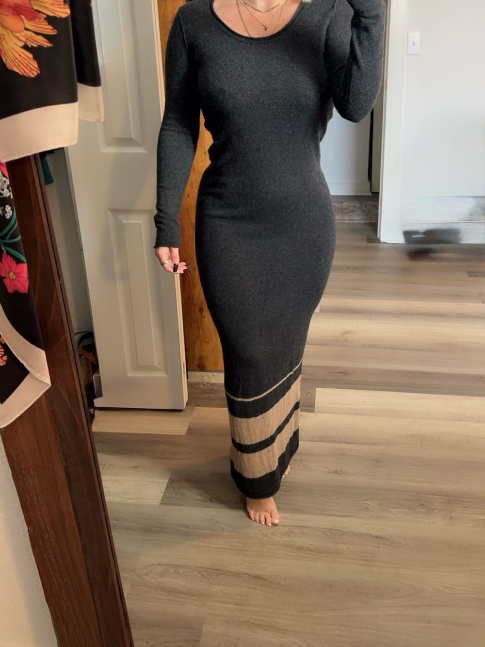 James Perse 100% Cashmere Black Maxi Dress with Tan Stripe Hem